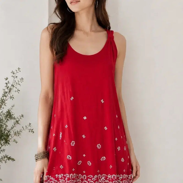 [BUNJANG] Ethnic Pattern Shoulder Ribbon Long Sleeveless Tunic Top / 레드 포인트 큐빅 에스닉 패턴 어깨리본 롱나시 튜닉44~55