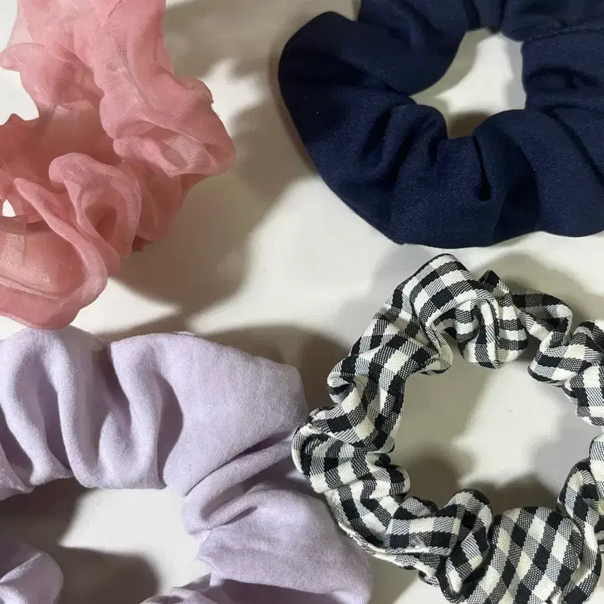 [BUNJANG] Scrunchie Hair Ties Set (Navy, Check, Pink, Lavender) / 스크런치 곱창밴드 머리끈 고무줄 (네이비/체크/핑크/연보라