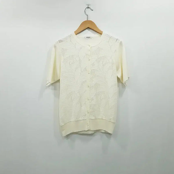 [BUNJANG] Vintage Japanese Linen Short Sleeve Cardigan - Women's L / JPN 빈티지 펀칭 모리걸 하구미룩 린넨 마 반팔 가디건 여L R339
