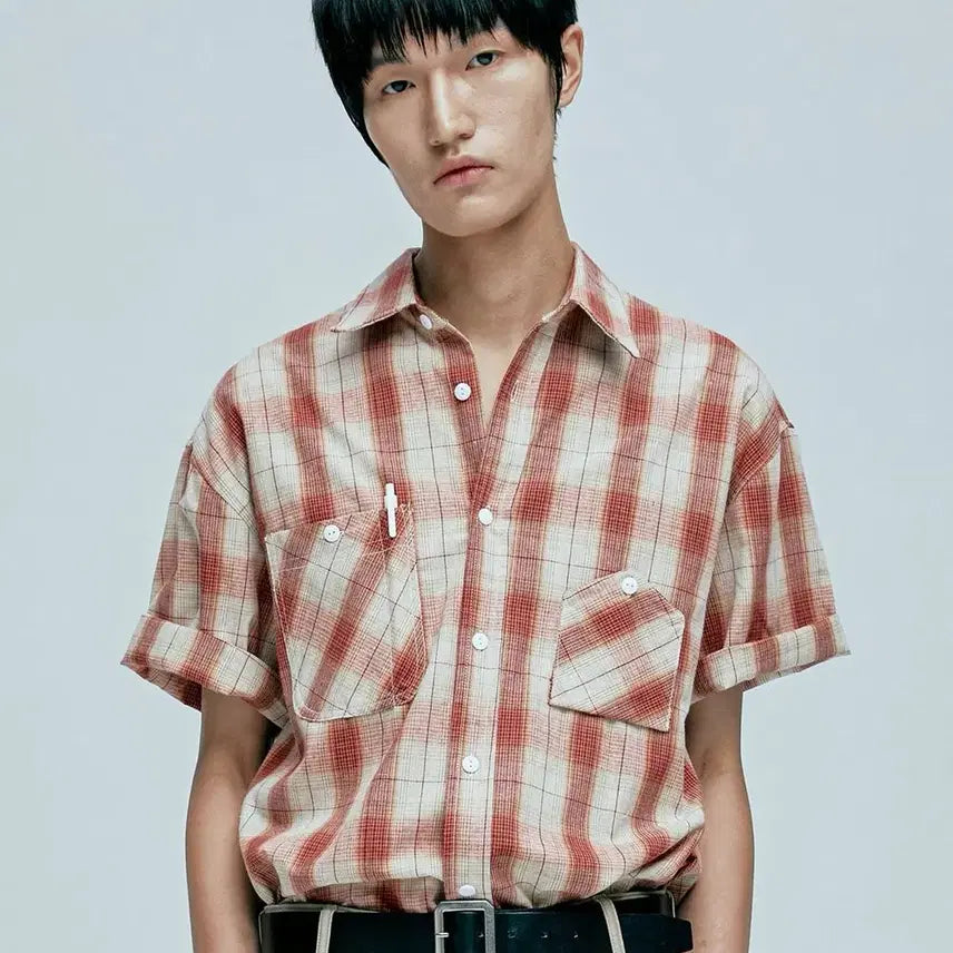 [BUNJANG] KND Plaid Two Pocket Work Short Sleeve Shirt Red M / 케이엔드 cig 플래드 투 포켓 워크 반팔셔츠 레드 M