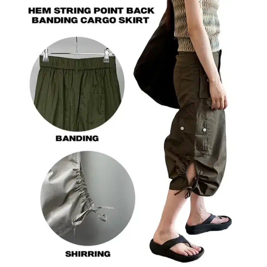 [BUNJANG] Drawstring Hem Cargo Long Skirt with Back Elastic Band / 밑단 끈 포인트 뒷밴딩 카고 롱스커트