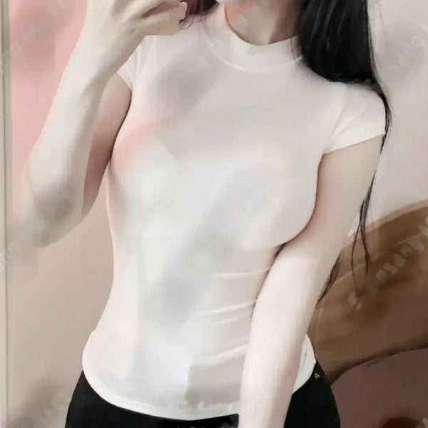 [BUNJANG] Cap Sleeve Semi-Mock Neck Slim Fit T-Shirt (White/Beige/Black) / 딱붙핏 캡소매 반목티 (화이트/베이지/블랙)