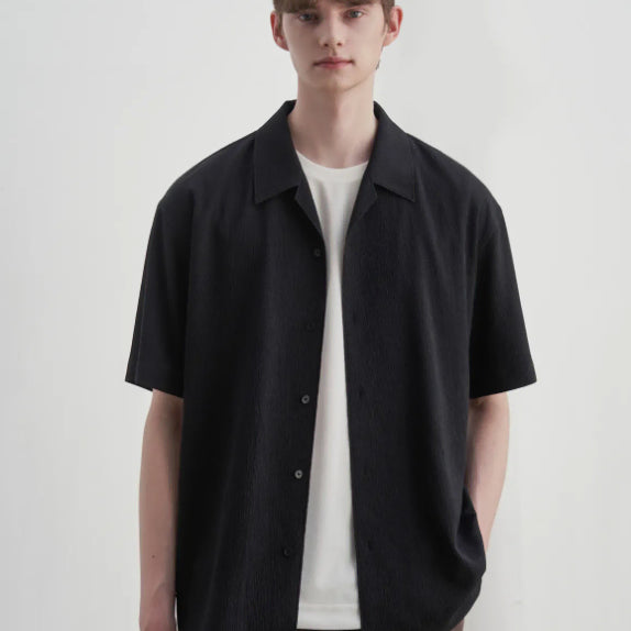 [BUNJANG] Drawfit Seersucker Loose Fit Open Collar Shirt Black M / 드로우핏 시어서커 루즈핏 오픈카라 셔츠 블랙 M