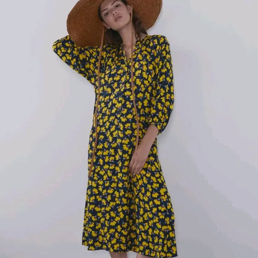 [BUNJANG] ZARA Floral Print Mandarin Collar Long Dress Yellow / 자라 zara 플라워 패턴 차이나카라 롱 원피스 L사이즈 노란색 꽃무늬