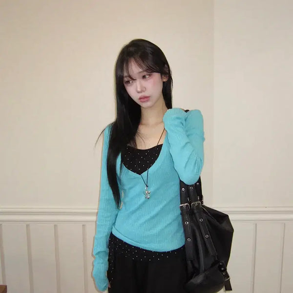 [BUNJANG] V-Neck Long-Sleeve T-Shirt - Blue Mint / (새상품) 블루 민트 V넥 긴팔티