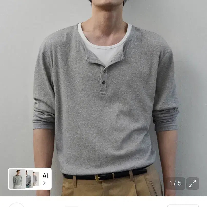 [BUNJANG] Blauer Double Layering Henley Neck T-Shirt Grey / 블레이어 더블 레이어링 헨리넥 티셔츠 그레이