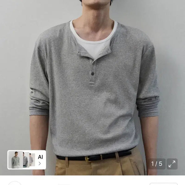 [BUNJANG] Blauer Double Layering Henley Neck T-Shirt Grey / 블레이어 더블 레이어링 헨리넥 티셔츠 그레이