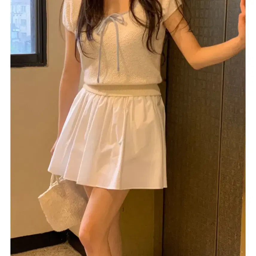 [BUNJANG] Miel Ribbon Oil Short Sleeve Knit / 미엘 리본 오일 반팔니트
