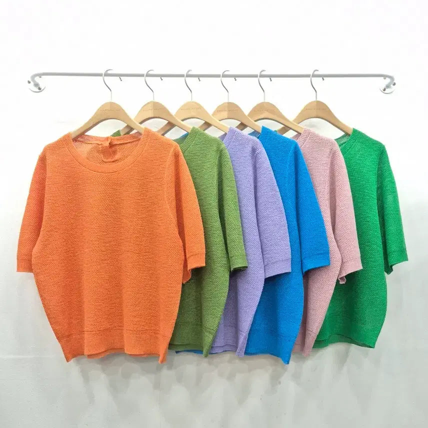 [BUNJANG] Mesh Knit Round Neck Short Sleeve Top / 매쉬 그물  라운드 반팔 니트