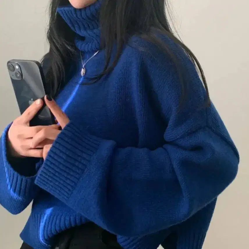 [BUNJANG] Cobalt Blue Turtleneck Cropped Knit Sweater / 목폴라 크롭니트 코발트블루