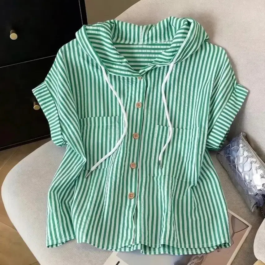 [BUNJANG] Striped Hooded Shirt Green / 새상품 스트라이프 후드 셔츠 그린