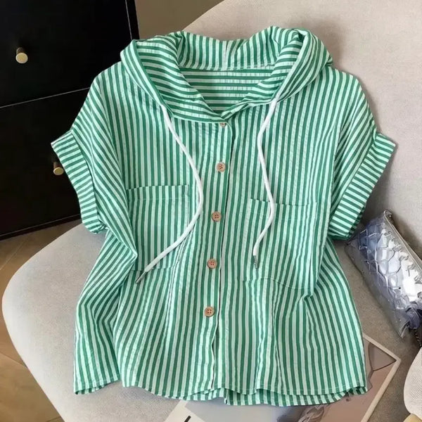 [BUNJANG] Striped Hooded Shirt Green / 새상품 스트라이프 후드 셔츠 그린