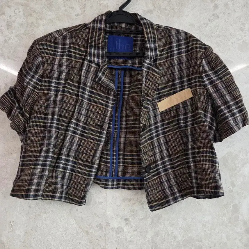 [BUNJANG] The Ilma Linen Check Short Sleeve Cropped Jacket (Size F) / 더 일마 린넨 체크 반팔 크롭 자켓 F사이즈