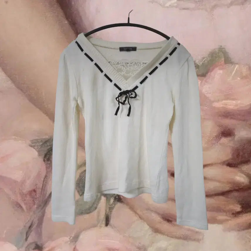 [BUNJANG] Vintage Mori Girl Embroidered Lace Ribbon Knit / [빈티지]모리걸 페어리 자수 레이스 리본 니트 사와코 하구미 바선생 모리