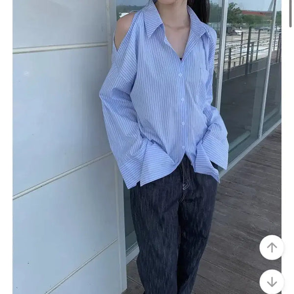 [BUNJANG] Anyone More Shoulder Slit Stripe Shirt / 애니원모어 어깨트임 스트라이프셔츠