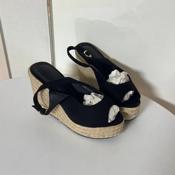 [BUNJANG] Black Suede Wedge Heel Slingback Sandals (250 Size, 11cm) / @새상품 250사이즈 11cm 블랙 스웨이드 웨지힐 슬링백 샌들힐
