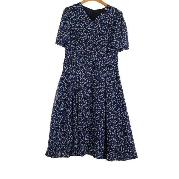 [BUNJANG] SI Navy Floral Chiffon V-Neck Long Dress Size 66 / SI 에스아이 네이비 플라워 쉬폰 원피스 66 브이넥 롱원피스