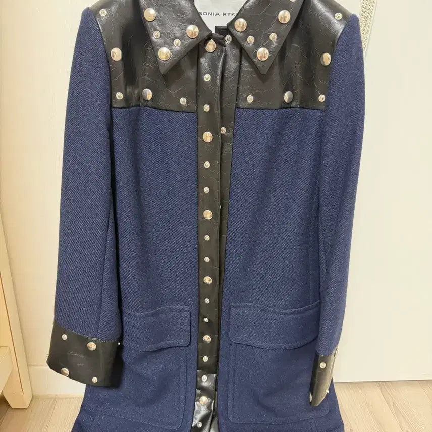 [BUNJANG] Sonia Rykiel Navy Leather Trimmed Studded Jacket / 소니아 리키엘 네이비 가죽 배색 스터드 자켓 55~55반