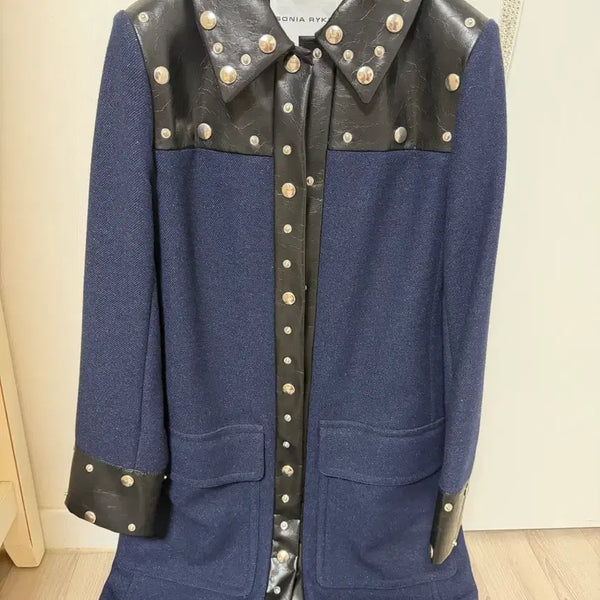 [BUNJANG] Sonia Rykiel Navy Leather Trimmed Studded Jacket / 소니아 리키엘 네이비 가죽 배색 스터드 자켓 55~55반