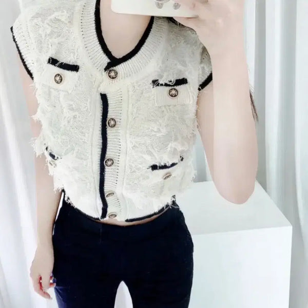 [BUNJANG] Coco Colorblock Tassel Knit Gold Button Vest / [수입]코코 배색 수술 니트 금장 조끼 베스트