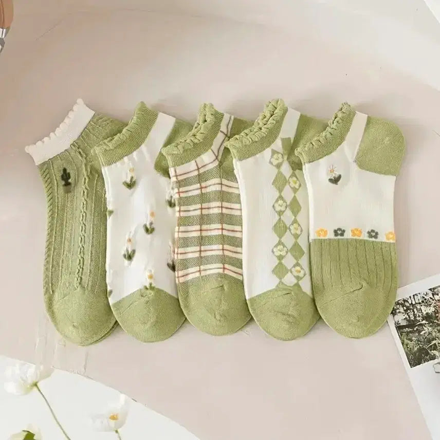 [BUNJANG] Women's Green Flower Pattern Ankle Socks - 5 Pair Set / 그린 플라워 패턴 여성 발목 양말 5켤레