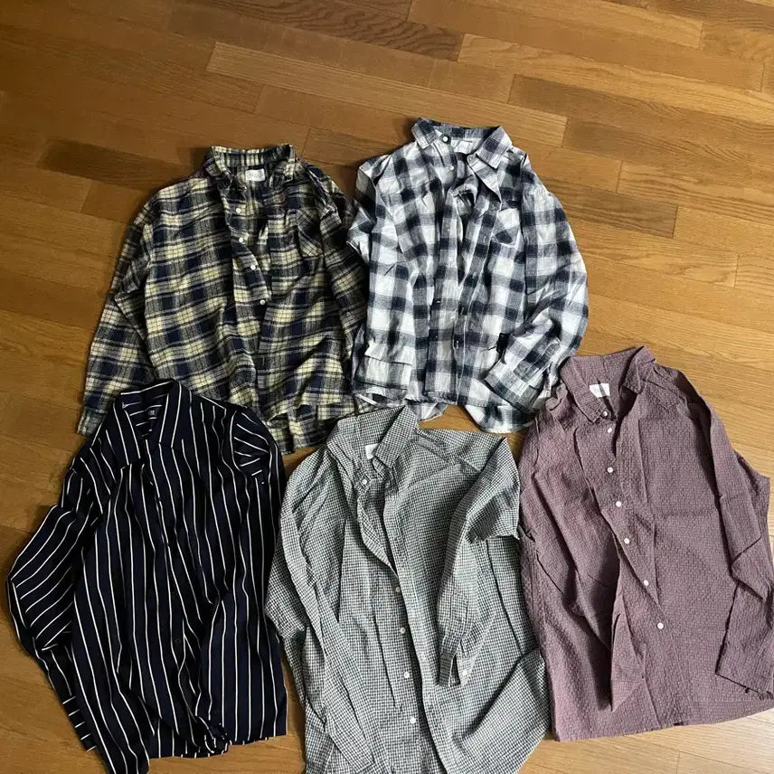[BUNJANG] Men's M Size Long Sleeve Shirts Bundle Set (Checkered & Striped) / 남방 M사이즈 5종 체크 스트라이프 일괄판매