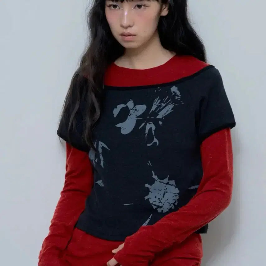 [BUNJANG] Fancy Club With The Rose Layered Long Sleeve (Apple Red) / 팬시클럽 위더 로즈 레이어드 롱슬리브 (APPLE RED)_F24ZB06