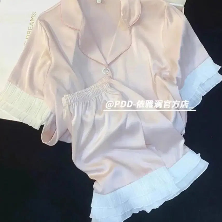 [BUNJANG] Silk Pajama Set Pink White XL / 실크 파자마 세트 핑크 화이트(XL)