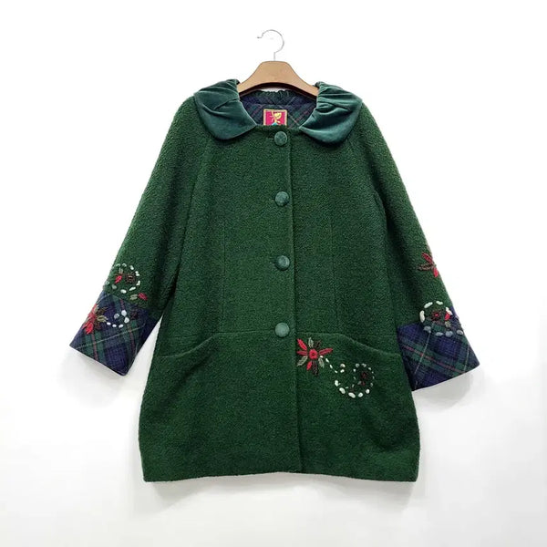 [BUNJANG] Bicollique Green Embroidered Check Contrast Coat / 비꼴리끄 그린 자수 체크 배색 코트/S/앨리스/1679