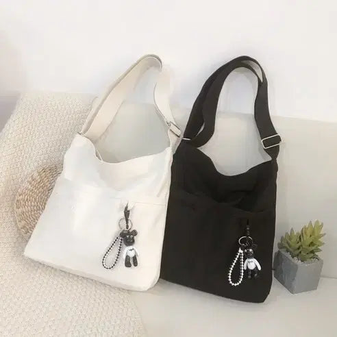 [BUNJANG] Canvas Shoulder Bag White/Black Set / 캔버스 숄더백 화이트/블랙 2개