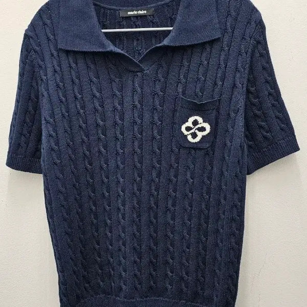 [BUNJANG] Marie Claire Navy Cable Knit Short Sleeve Top / 마리끌레르 네이비 케이블 반팔 니트