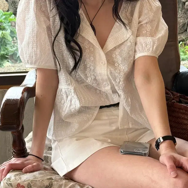 [BUNJANG] White Lace Puff Sleeve Blouse (Free Size) / 화이트 레이스 퍼프소매 블라우스 (FREE)  새상품