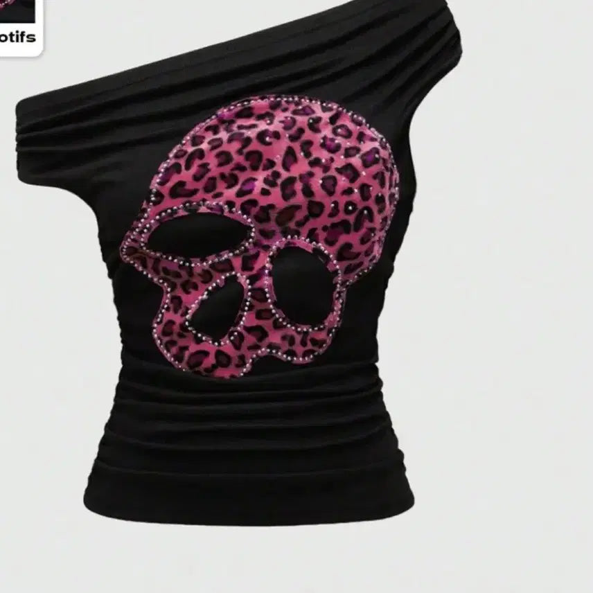 [BUNJANG] Black Pink Leopard Skull Off-Shoulder Asymmetrical Y2K Top / 블랙 핑크 레오파드 해골 무늬 오프숄더 언발란스 y2k