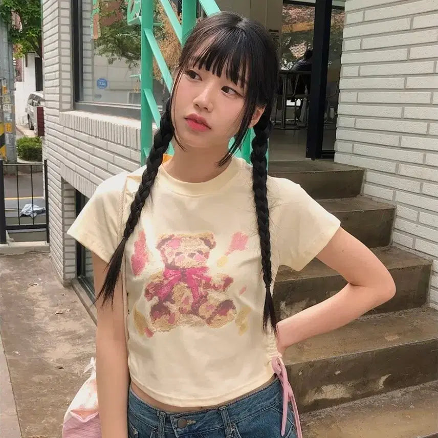 [BUNJANG] Bear Shirring Short-Sleeve T-Shirt / [새상품] 베어 셔링 반팔 티셔츠