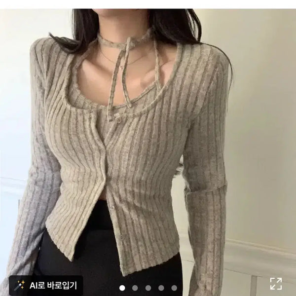 [BUNJANG] The Most Chic Halter Top & Cardigan Set / 더멋 [직각어깨연출!/홀터세트]뽀송 따뜻 홀터나시 초커 가디건 세트