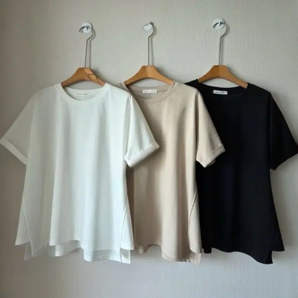 [BUNJANG] Asymmetrical Round Hem Cutout Short Sleeve T-Shirt / 언발 라운드 사선 절개 반팔 티셔츠