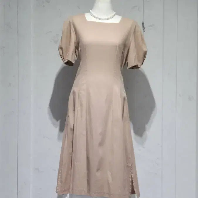 [BUNJANG] Beige Linen Blend Square Neck Long Dress / 베이지 린넨혼방 스퀘어넥 롱원피스