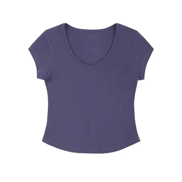 [BUNJANG] Curetty V-Neck Half Sleeve T-Shirt Purple / 큐리티 V넥 하프 슬리브 티셔츠 퍼플