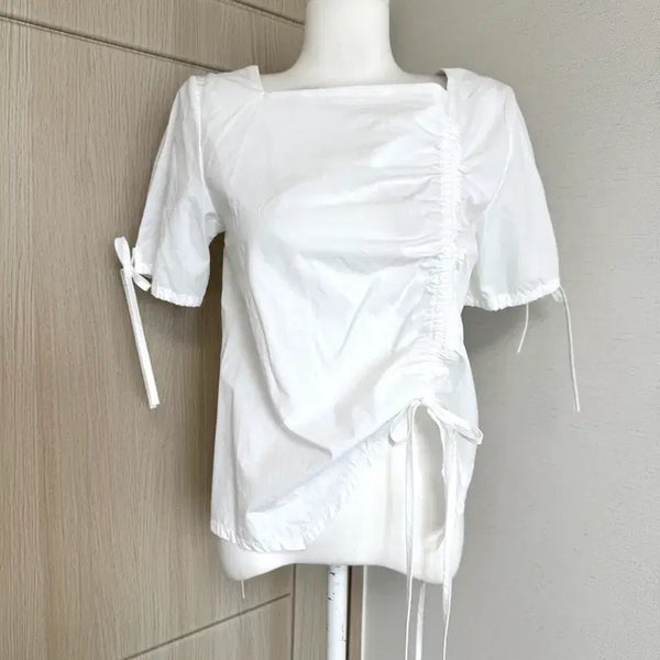 [BUNJANG] Nache Shirring Short Sleeve Blouse White / 나체) 셔링 반팔 블라우스