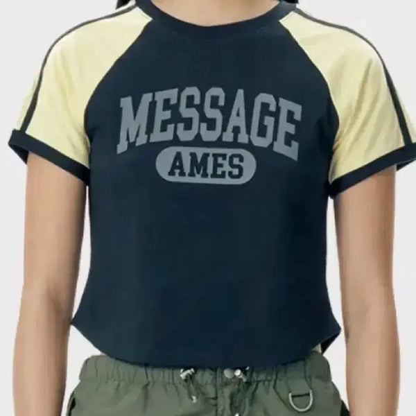[BUNJANG] AMES Cotton Short Sleeve Crop T-Shirt Charcoal LINE TAPE RAGLAN RINGER TE / 아메스 반팔 크롭티 차콜 LINE TAPE RAGLAN RINGER TE