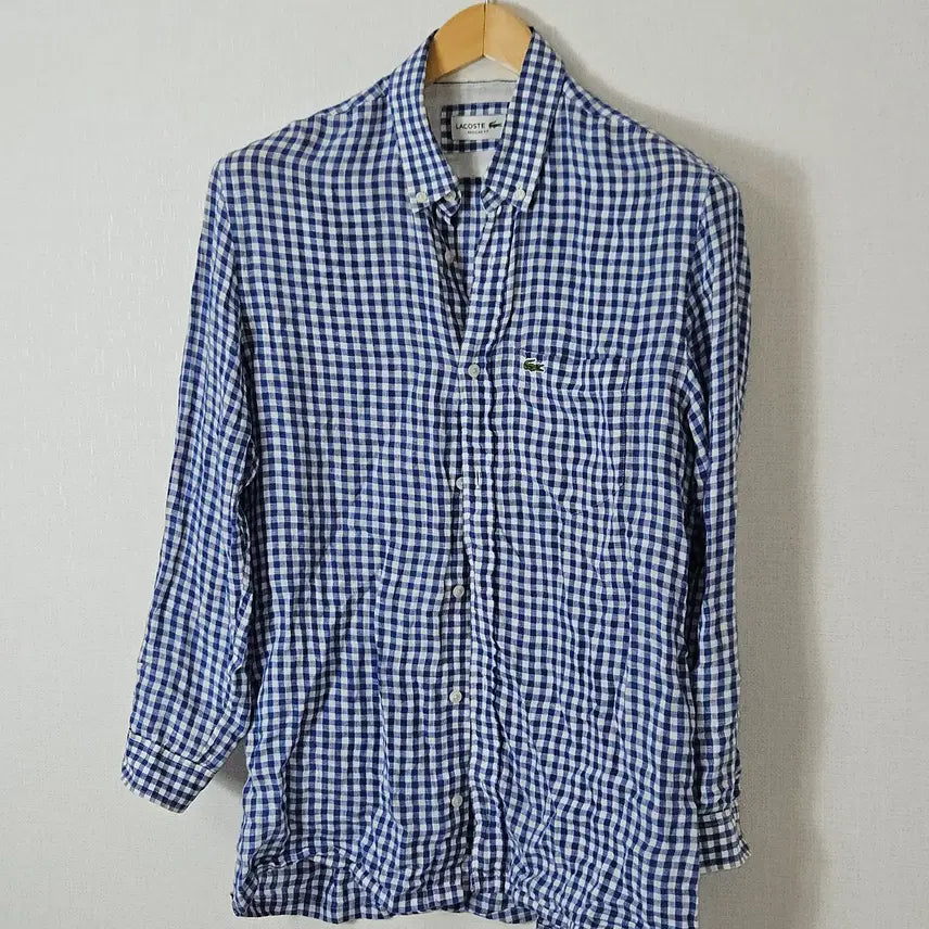 [BUNJANG] Lacoste Linen Blend Checked Shirt with Roll-up Sleeves for Men (Size 95) / 라코스테 린넨 마 셔츠 체크 롤업 남성 95