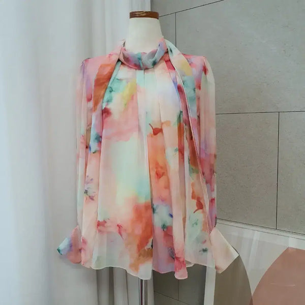 [BUNJANG] Watercolor Pattern Tie Chiffon Blouse / 실물여신 수채화 패턴 타이 쉬폰 블라우스
