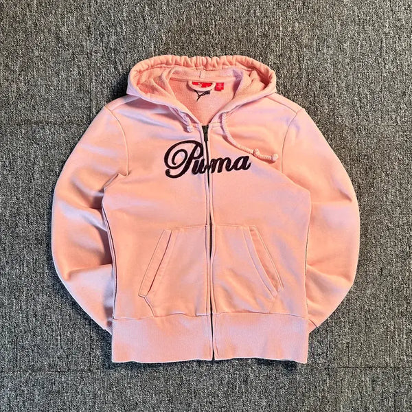 [BUNJANG] Puma Pink Lettering Zip-Up Hoodie / 푸마 핑크 레터링 후드집업