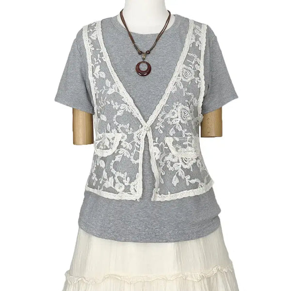 [BUNJANG] Vintage Layered Lace Vest & T-Shirt Set / 일본빈티지 레이어드 레이스조끼 반팔티셔츠그레이 모리걸갸루y2k히피에스닉