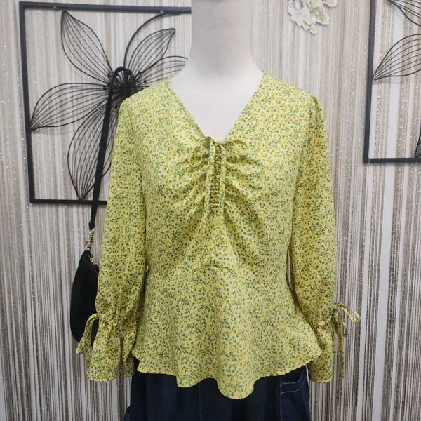 [BUNJANG] MIXXO Yellow Floral Print Blouse Size S / 미쏘 S사이즈  잔꽃무늬 블라우스 옐로우