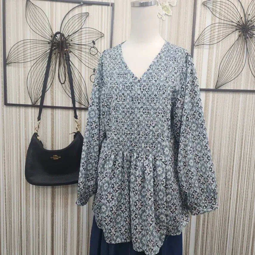 [BUNJANG] Clizy Blue Pattern Smocking Blouse / clizy  블루 패턴 스모킹 블라우스