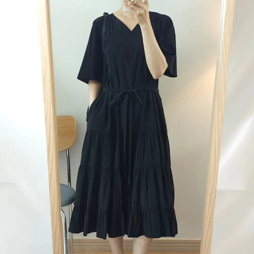 [BUNJANG] EUDON CHOI Women's Black Short-Sleeve Long Dress with Waist Strap / (55)EUDON CHOI 여성 반팔 롱 원피스 블랙 A3W4069