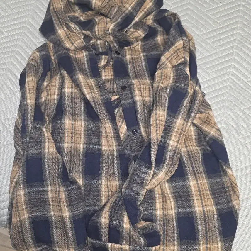 [BUNJANG] Brown Tartan Check Hooded Jacket Loose Fit Casual Shirt 2XL / 브라운 타탄 후드 체크 자켓 루즈핏 남방 2XL