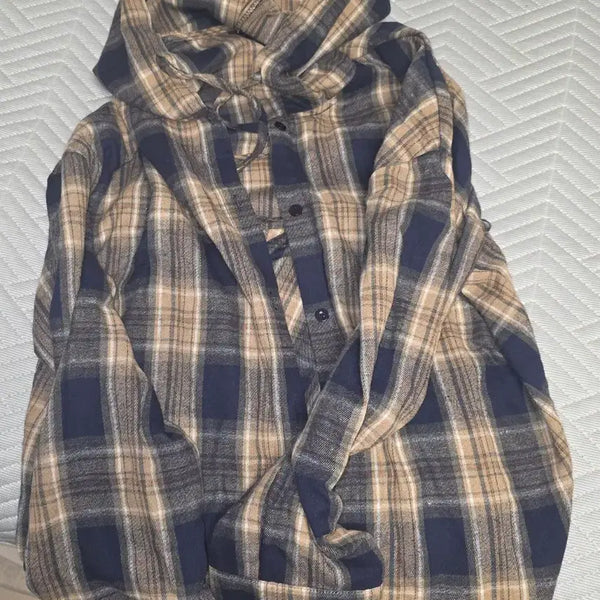 [BUNJANG] Brown Tartan Check Hooded Jacket Loose Fit Casual Shirt 2XL / 브라운 타탄 후드 체크 자켓 루즈핏 남방 2XL