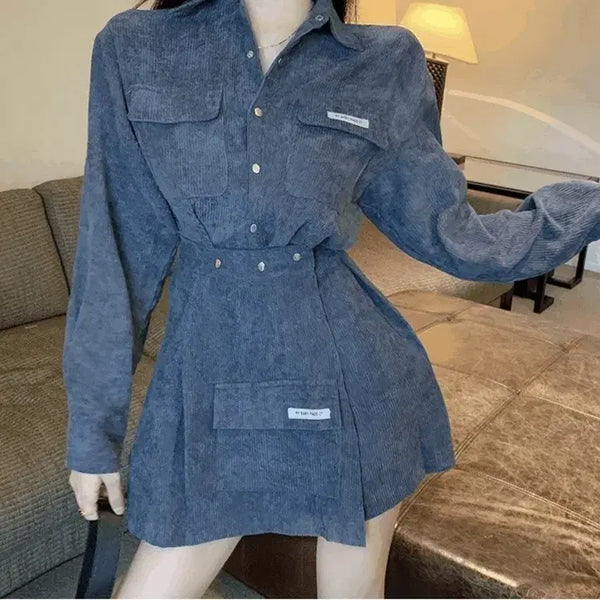 [BUNJANG] Two-Piece Corduroy Shirt and Skirt Set / 블루 코듀로이 골덴 투피스